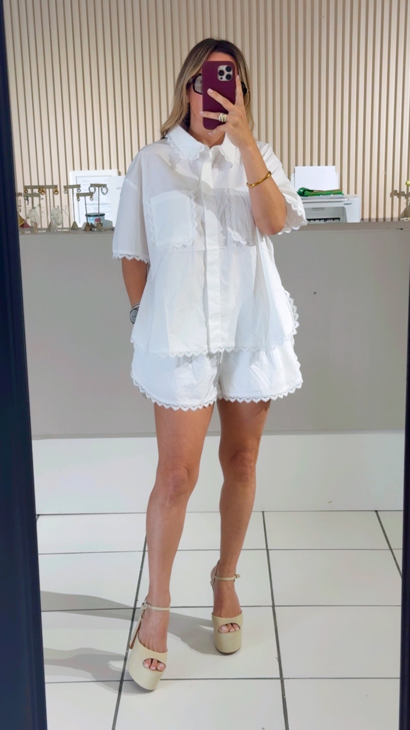 Solid Scallop Lace Trim Button Down Shirts And Shorts Set