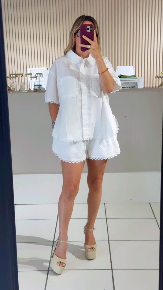 Solid Scallop Lace Trim Button Down Shirts And Shorts Set