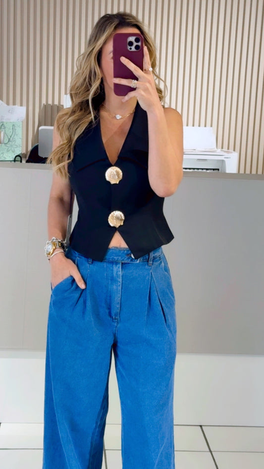 Black Collared Button-Front Vest