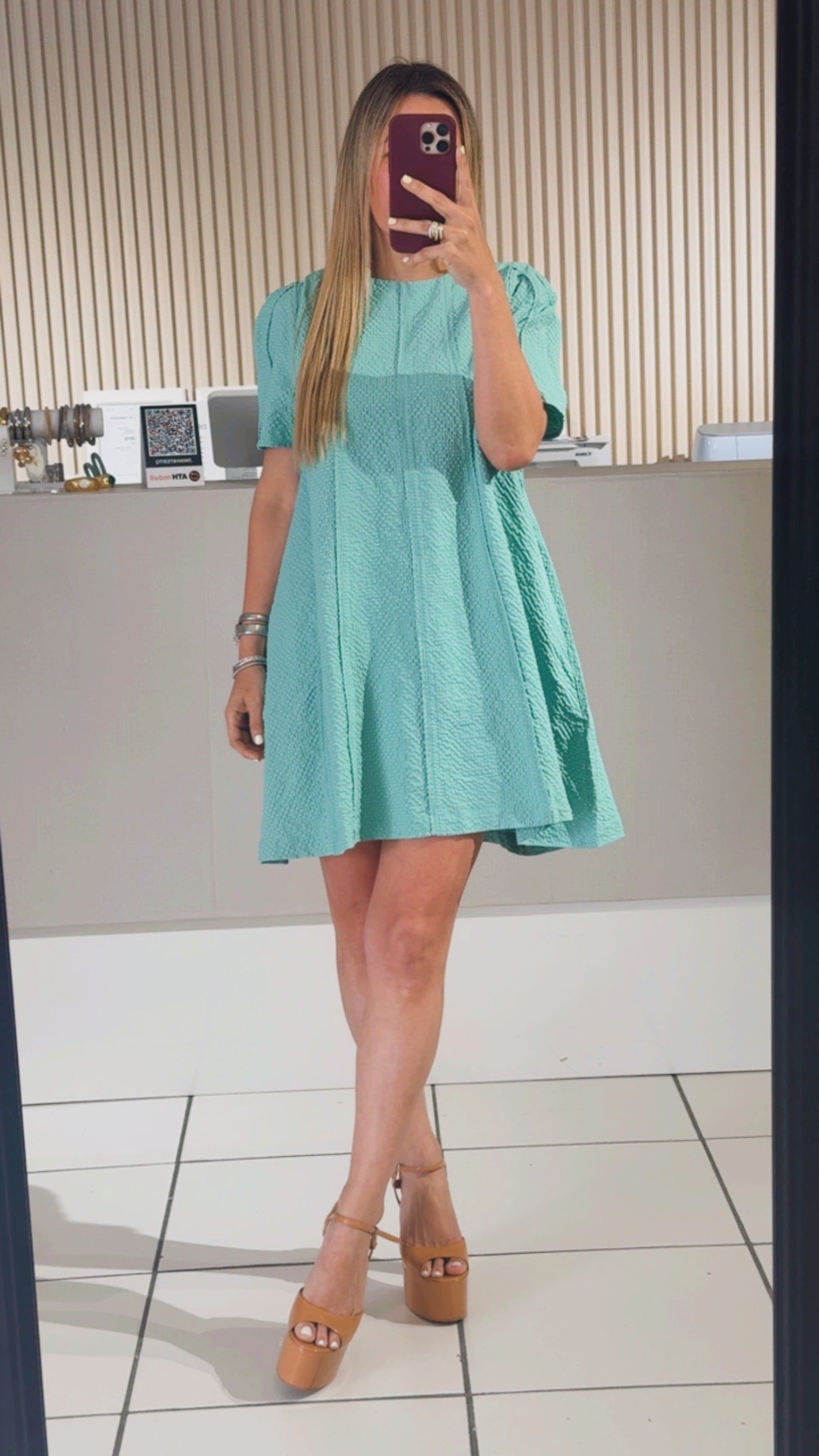 Paneled Textured Round Neck Mini Dress