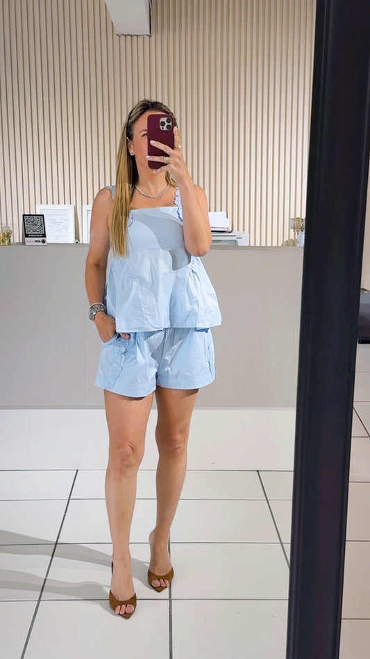BLUE Cotton Floral Trim Shoulder Strap Top And Shorts Set