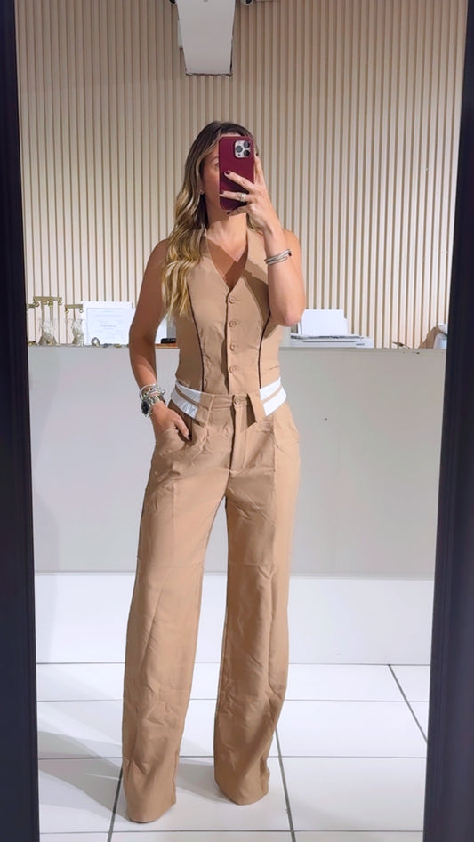 TAUPE Front Button Down Vest Top Folded Waist Jumpsuits