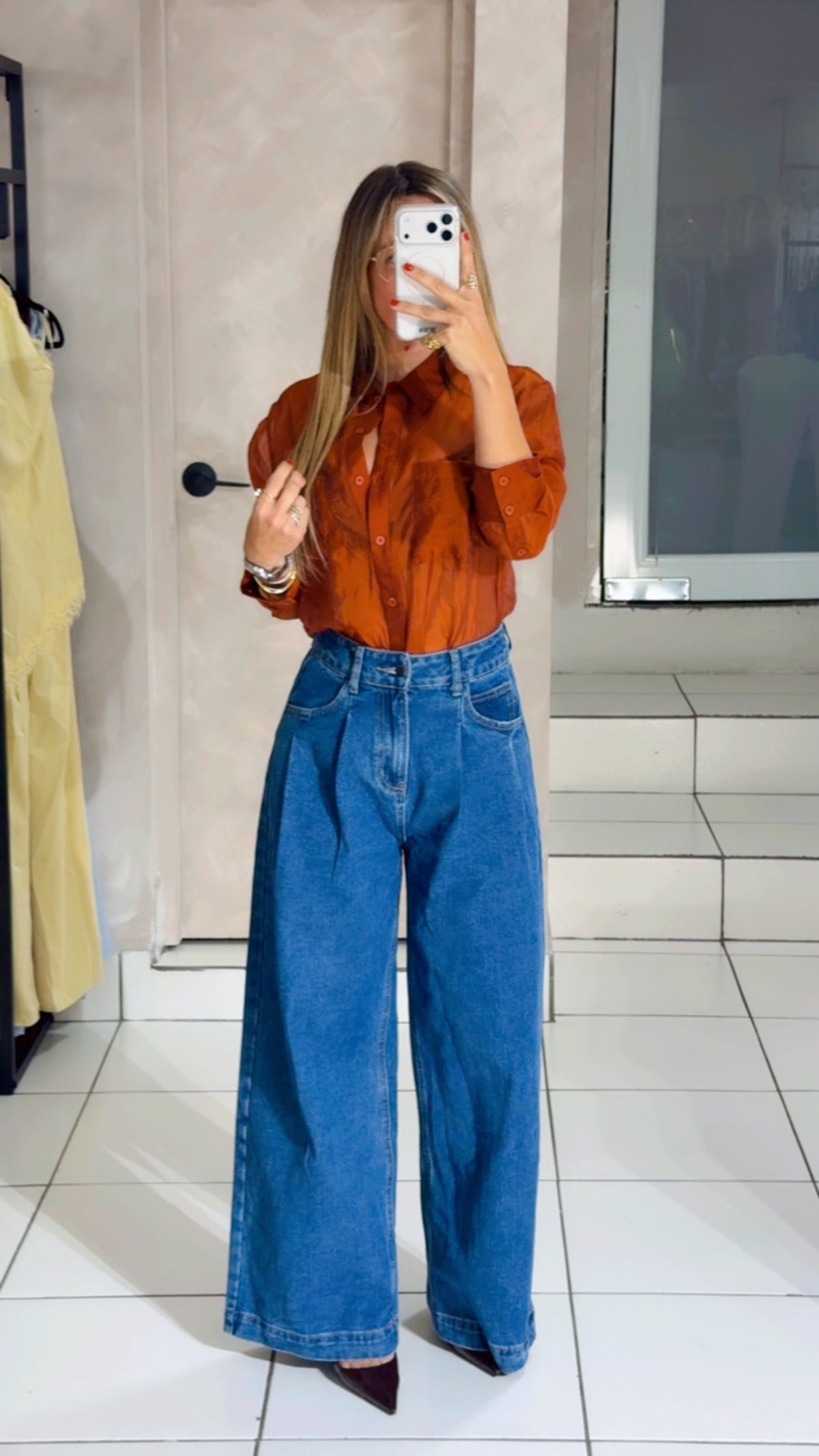 RED BROWN Sheer Organza Oversized Button-down