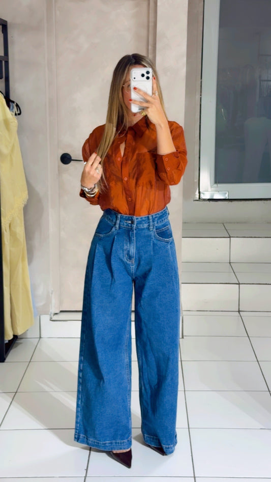 RED BROWN Sheer Organza Oversized Button-down