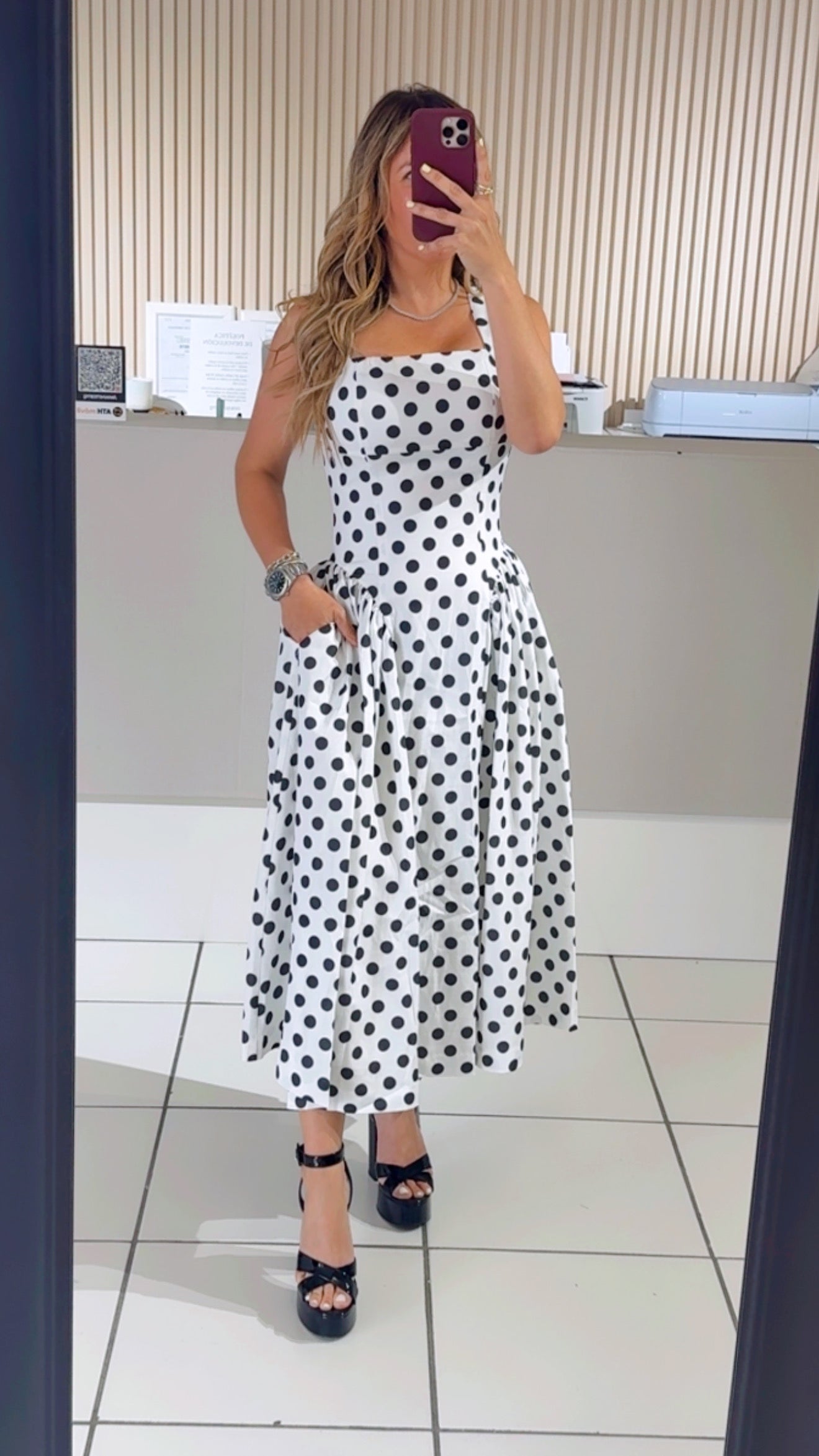 Midi white polka dress