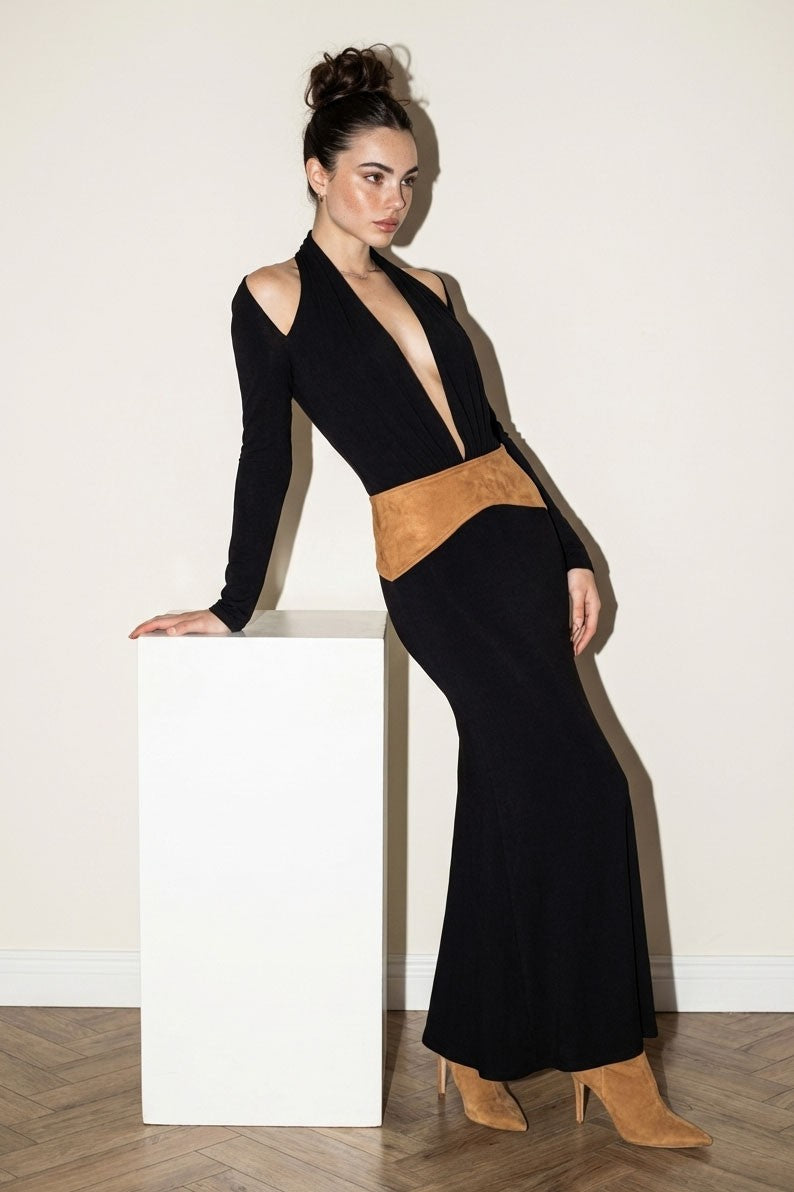 Suede Contrast Cutout Maxi Dress