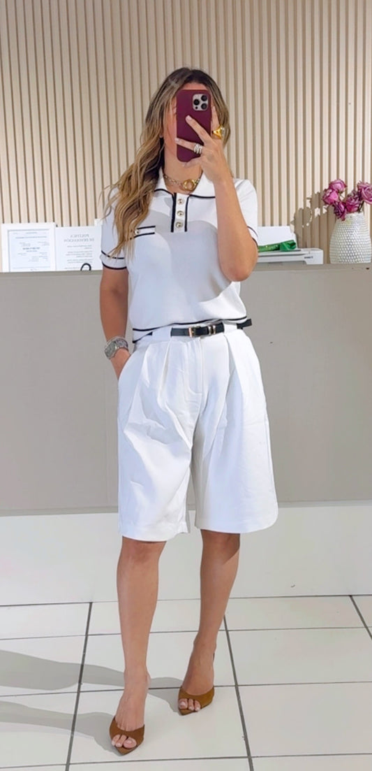 WHITE Short Slv Contrasting Lined Knit Top