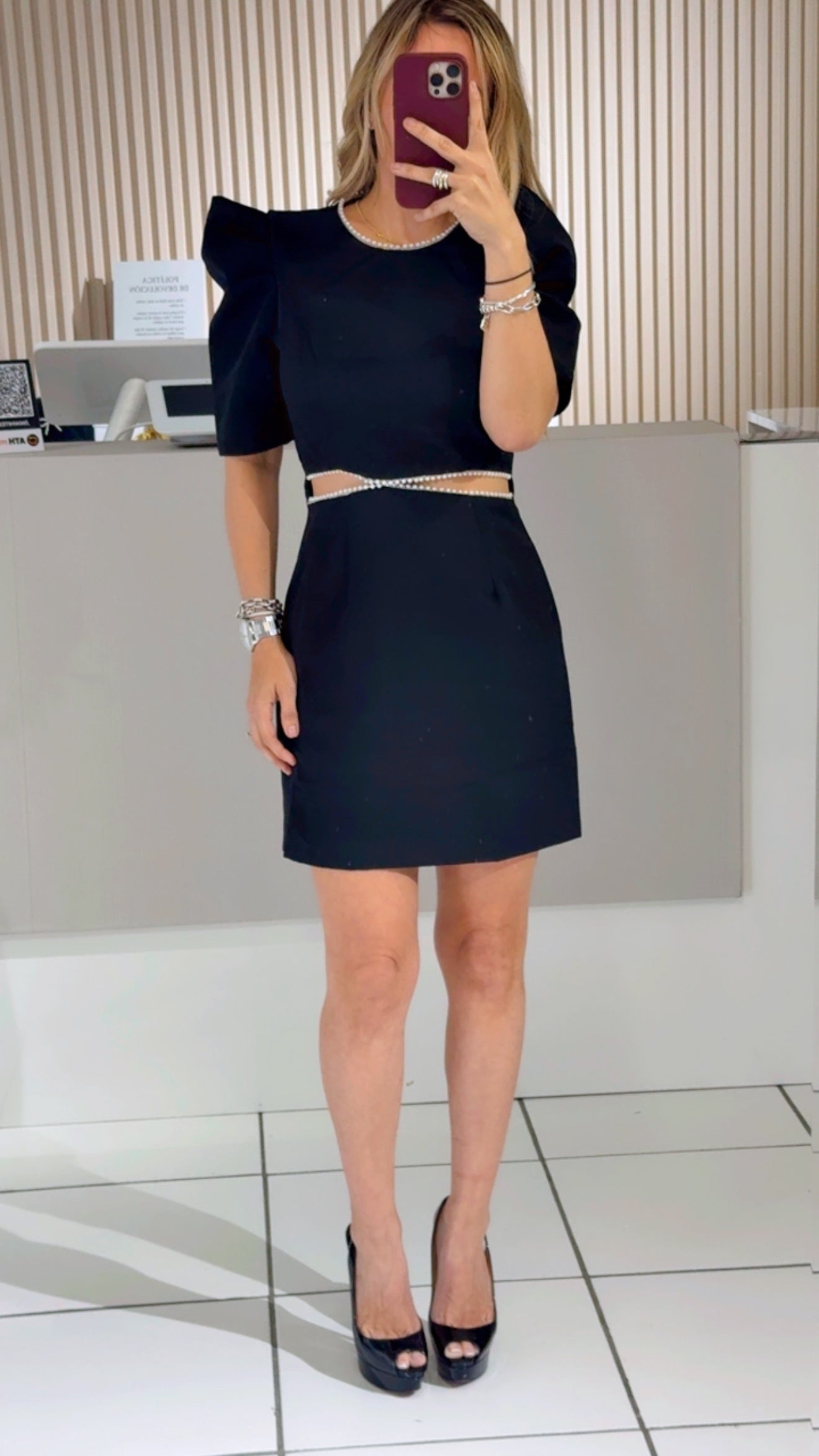 Black Puff-Sleeve Pearl Dress