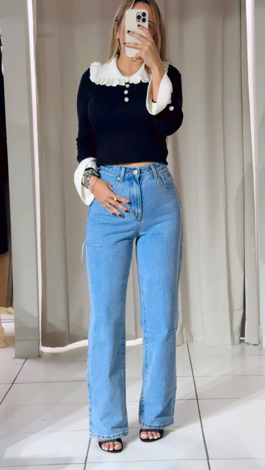 Collar ribbed knit top black