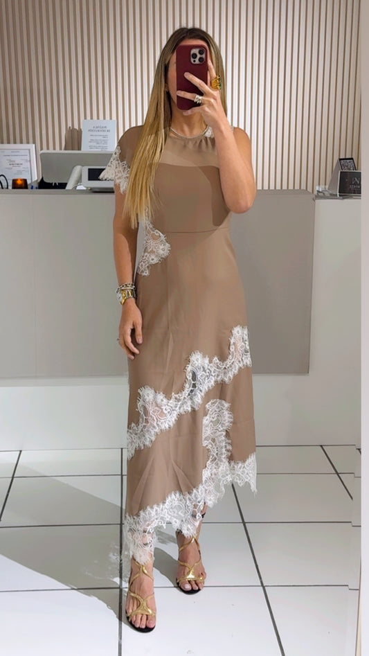 Taupe Asymmetric Dress with White Lace