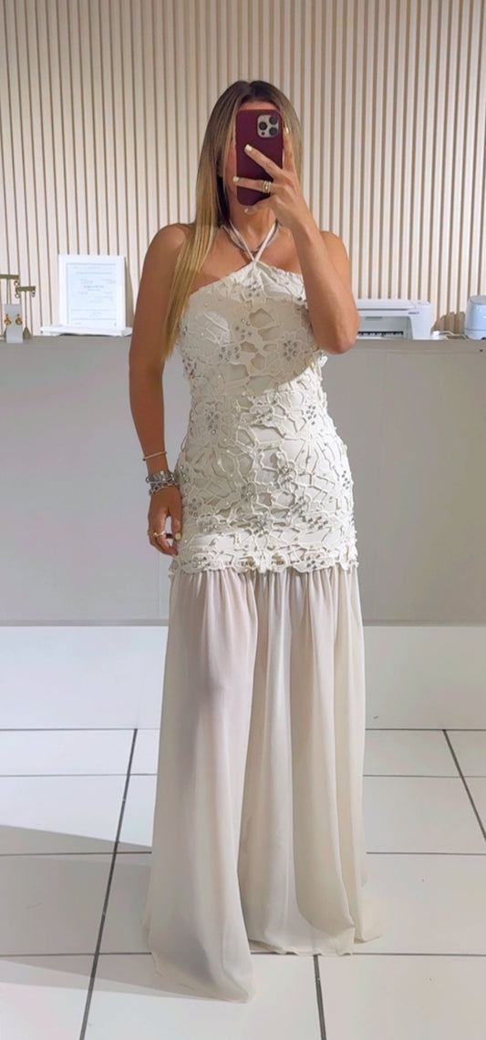Floral Beaded Halter Maxi Dress