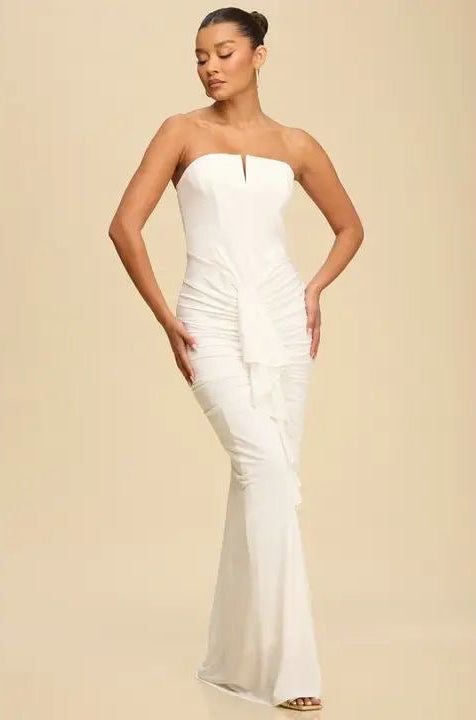 White Strapless Cascade-Detail Dress