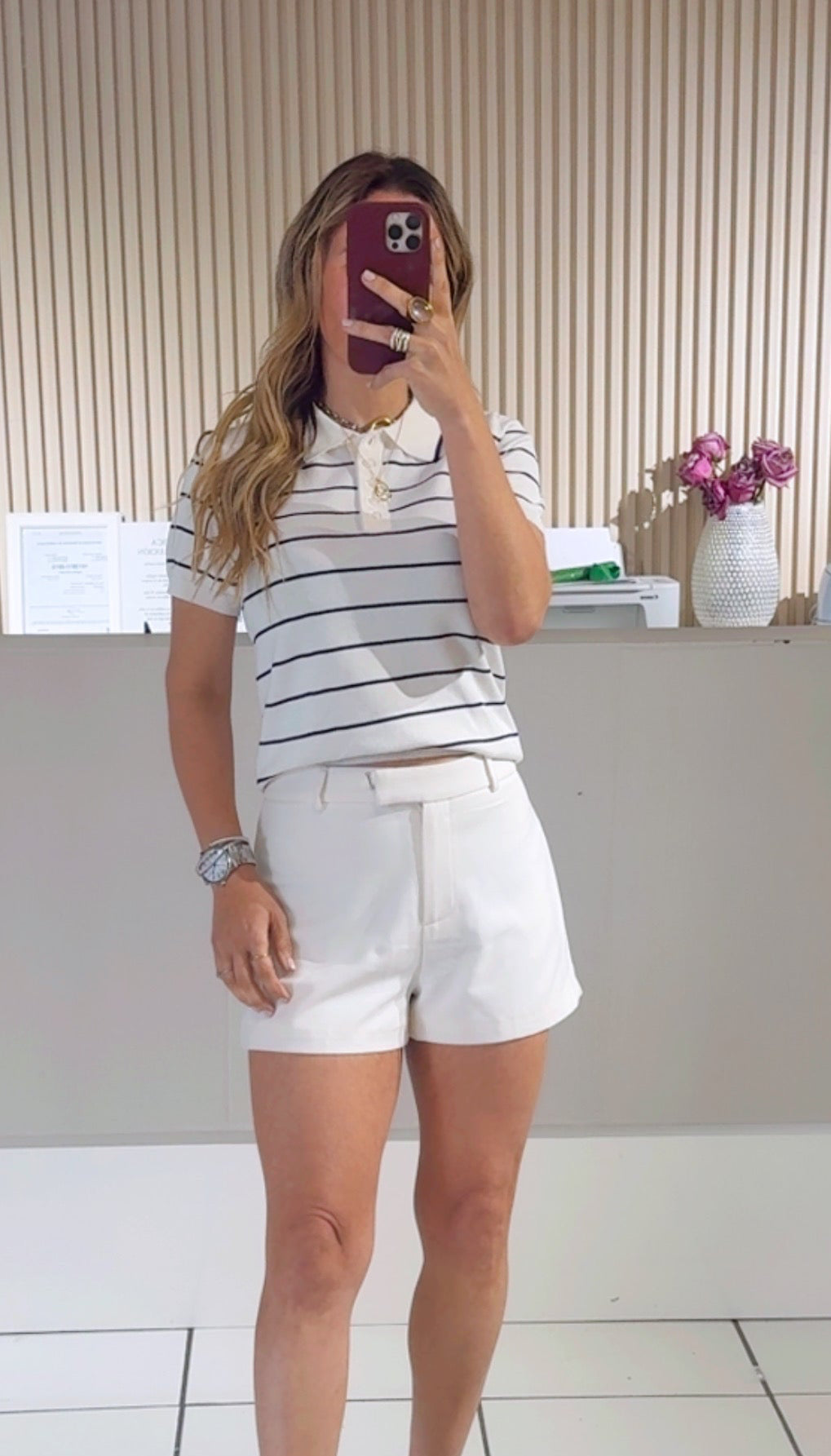 WHITE Short Slv Stripe Polo Knit Top