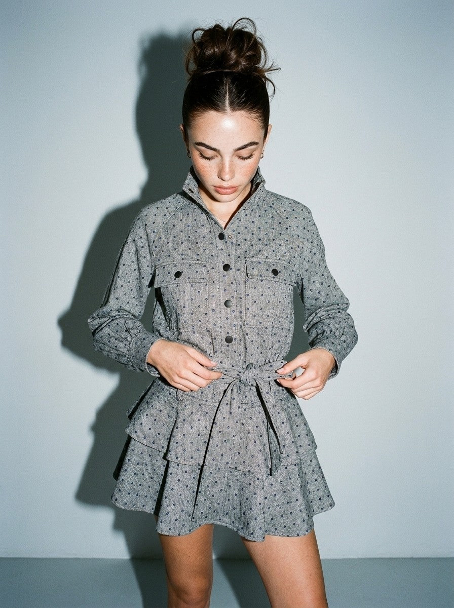 Micro Polka Dot Tie Waist Tiered Utility Mini Dress