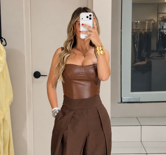 CHOCOLATE LEATHER SQUARE CORSET