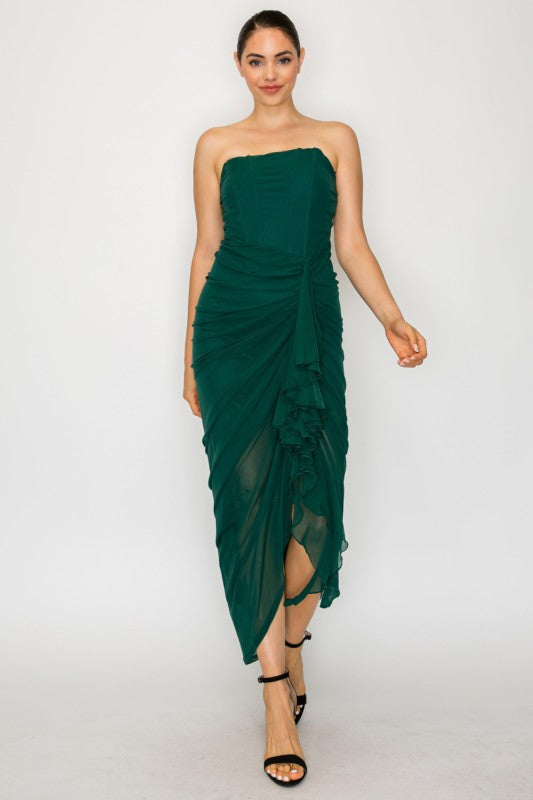 Green Ruched Strapless Midi Dress
