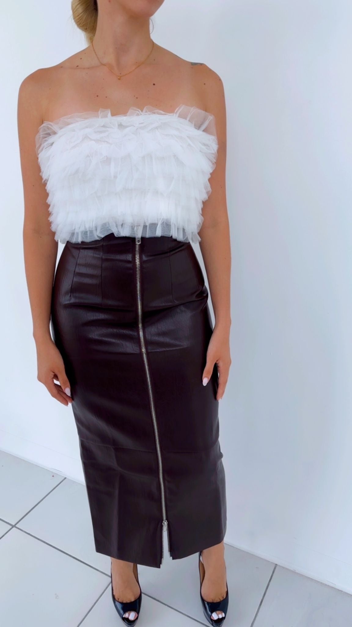 Zipper Brown midi Skirt