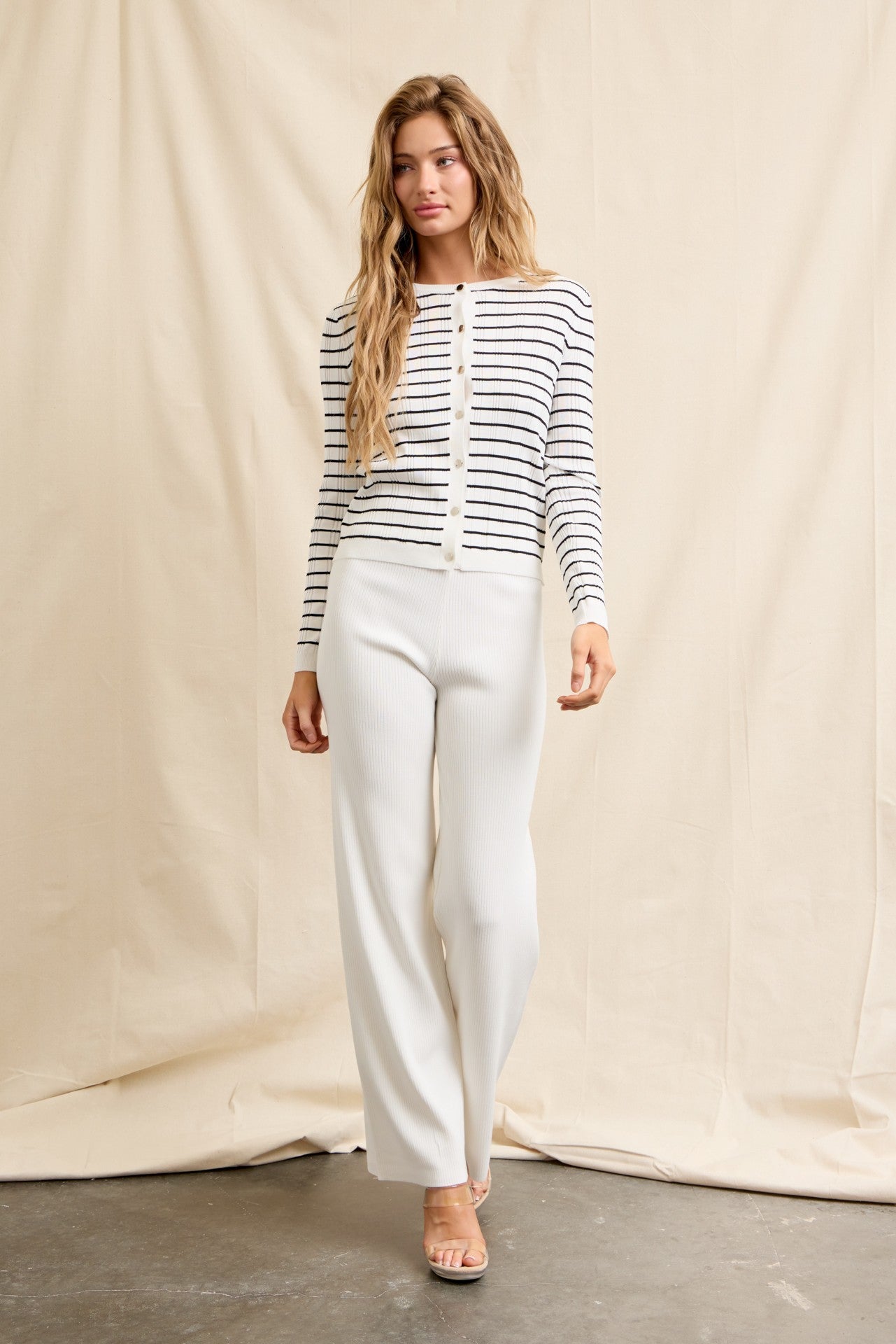 WHITE Stripe Cardigan & Pants Set