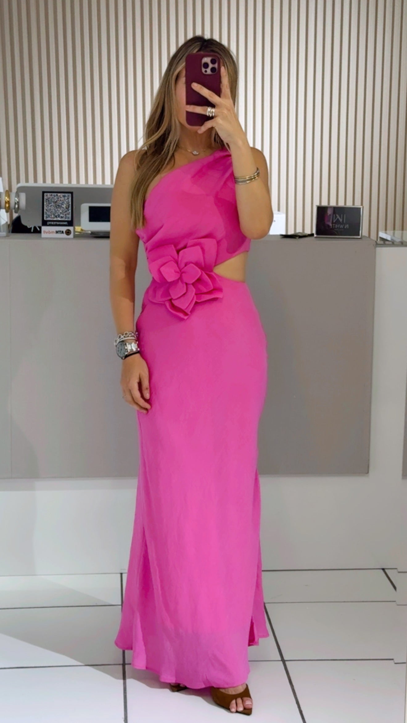 Fuchsia Bloom One-Shoulder Maxi Dress
