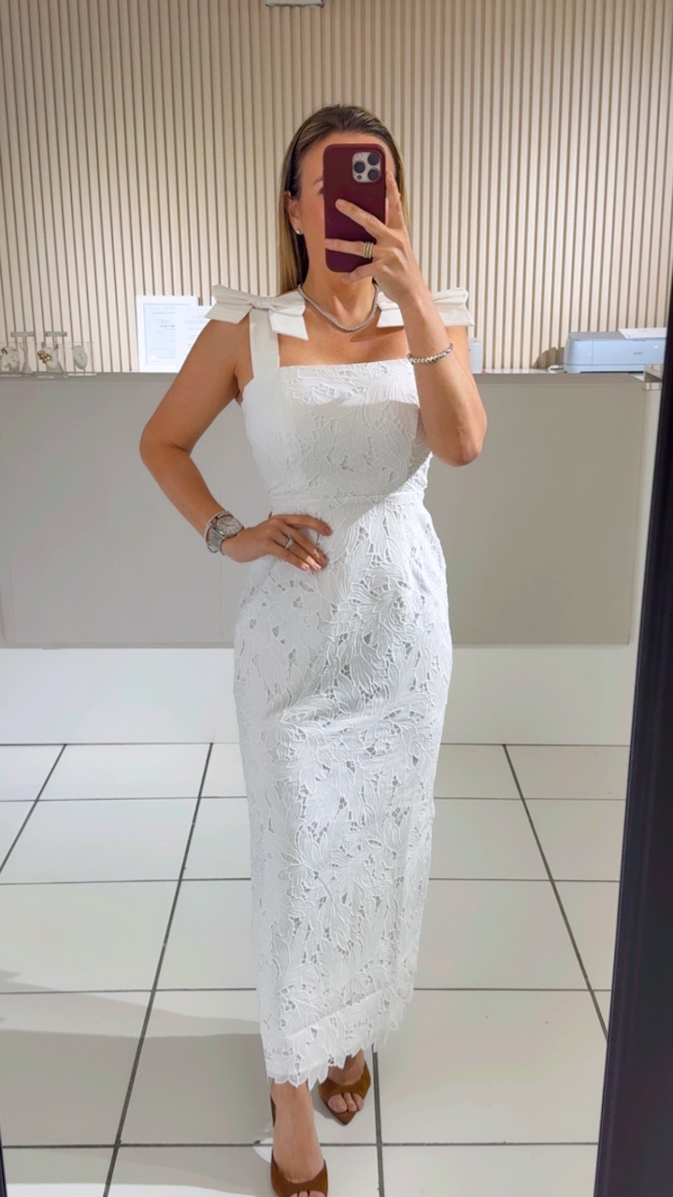 WHITE Eyelet Lace Self Shoulder Tie Strap Midi Dress