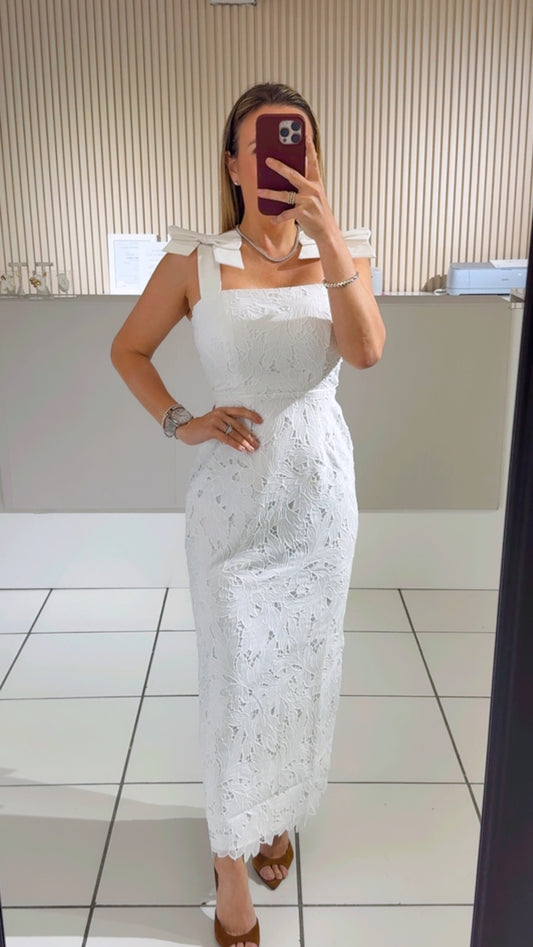 WHITE Eyelet Lace Self Shoulder Tie Strap Midi Dress