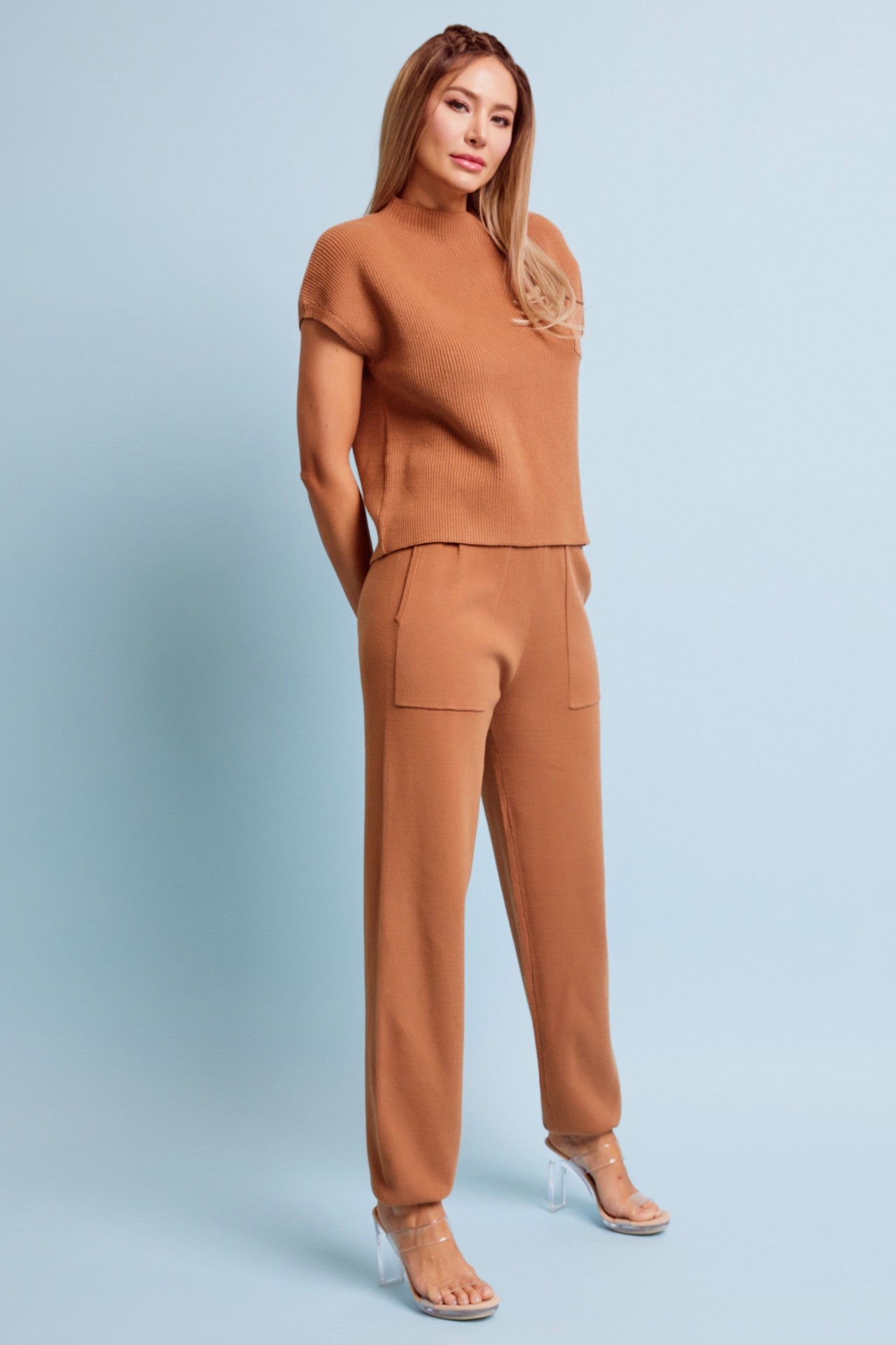 TERRACOTA Knit Short Sleeve Top And Jogger Pants Set