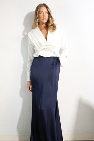 Pleated blouse with long satin skirt
