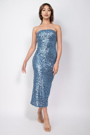 Dusty blue sequins midi dress