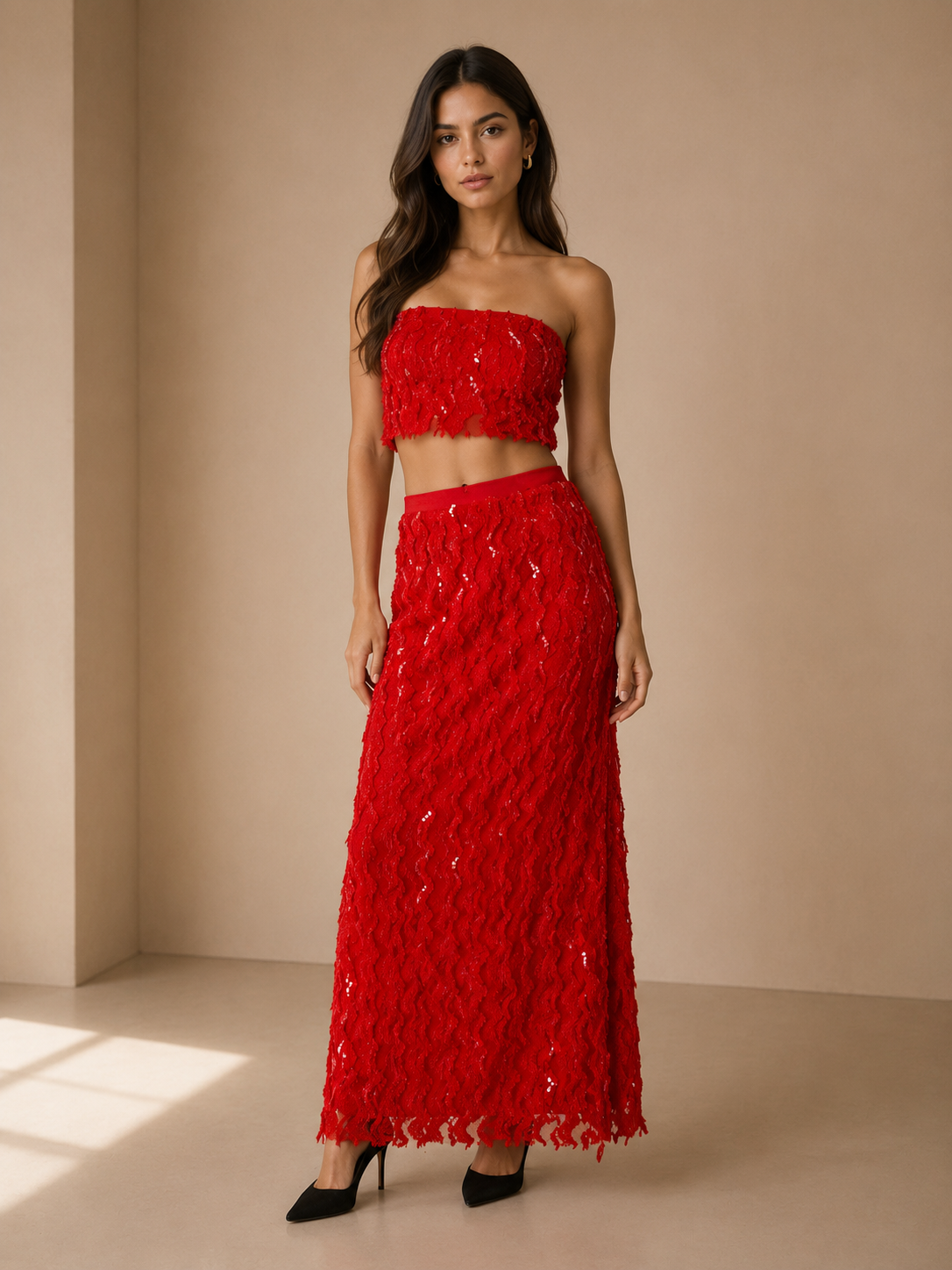 RED Sequin Maxi Skirt
