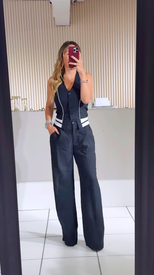 BLACK Front Button Down Vest Top Folded Waist Jumpsuits
