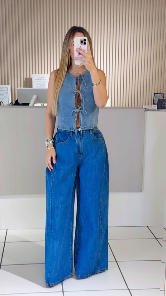 Washed Denim Tie-Front Crop Top