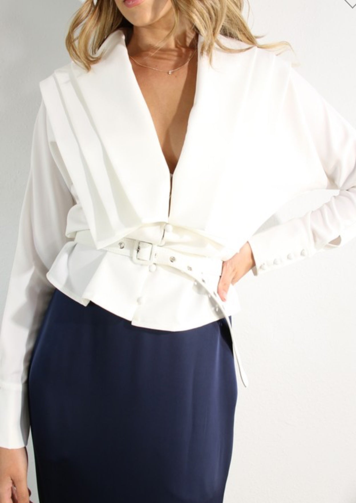Pleated blouse with long satin skirt