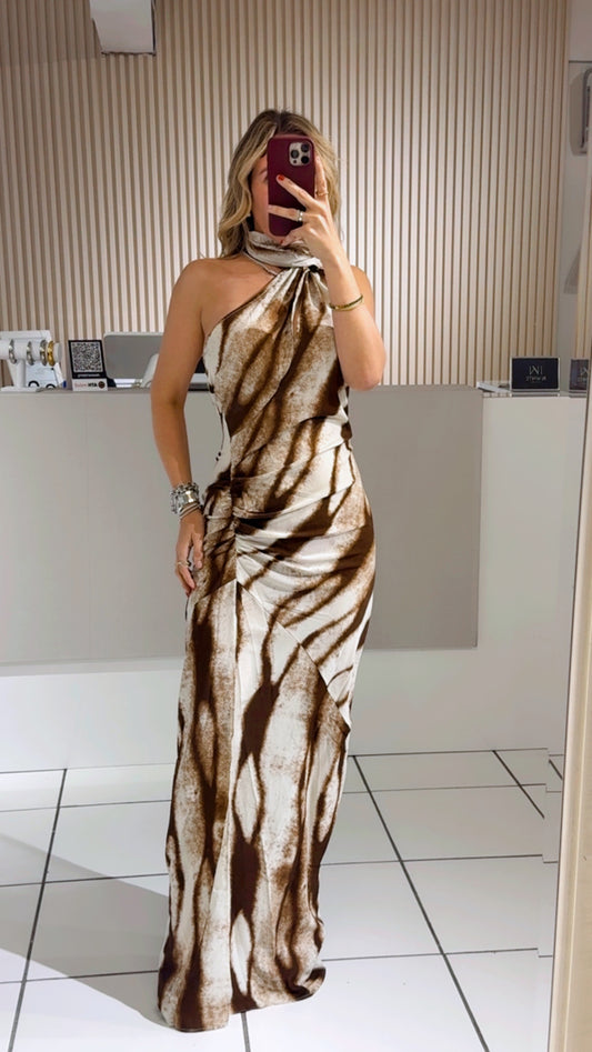 Brown and White Abstract Backless Dress