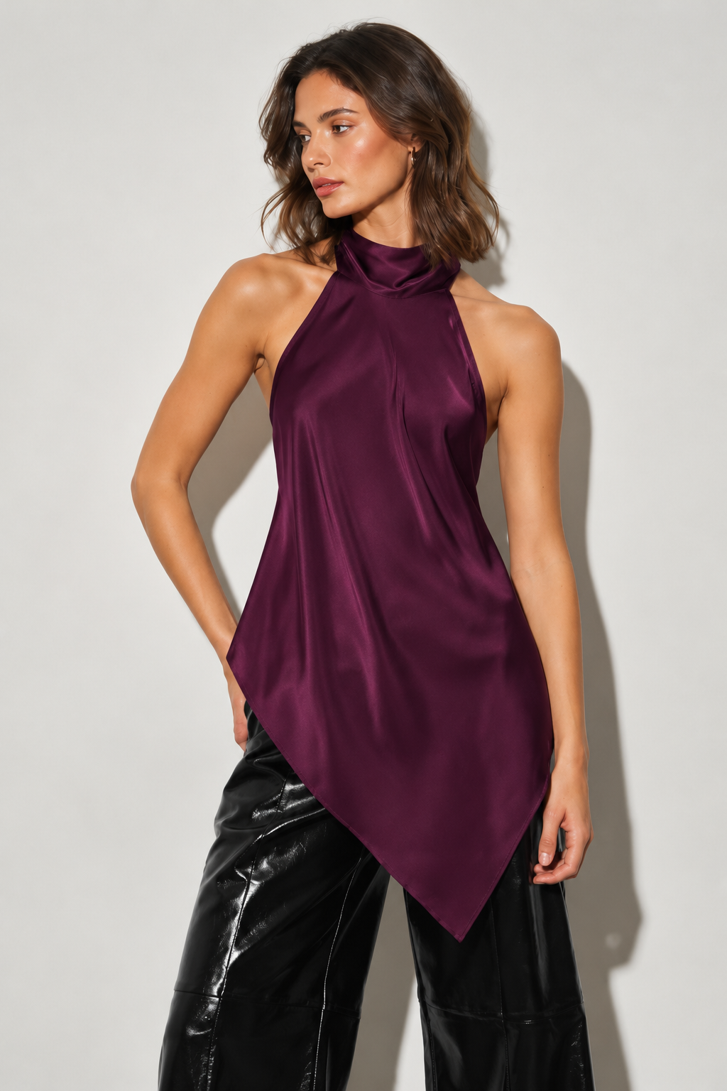 MAGENTA Ladies Woven Satin Halter Neck Asymmetrical Sl Top