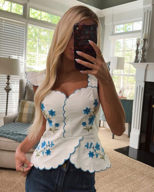 Blue thread floral scallop top