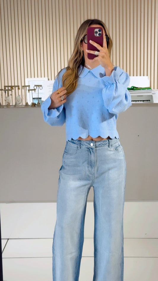 Knit Scallop Collar Hem Crop Pointelle Sweater Top