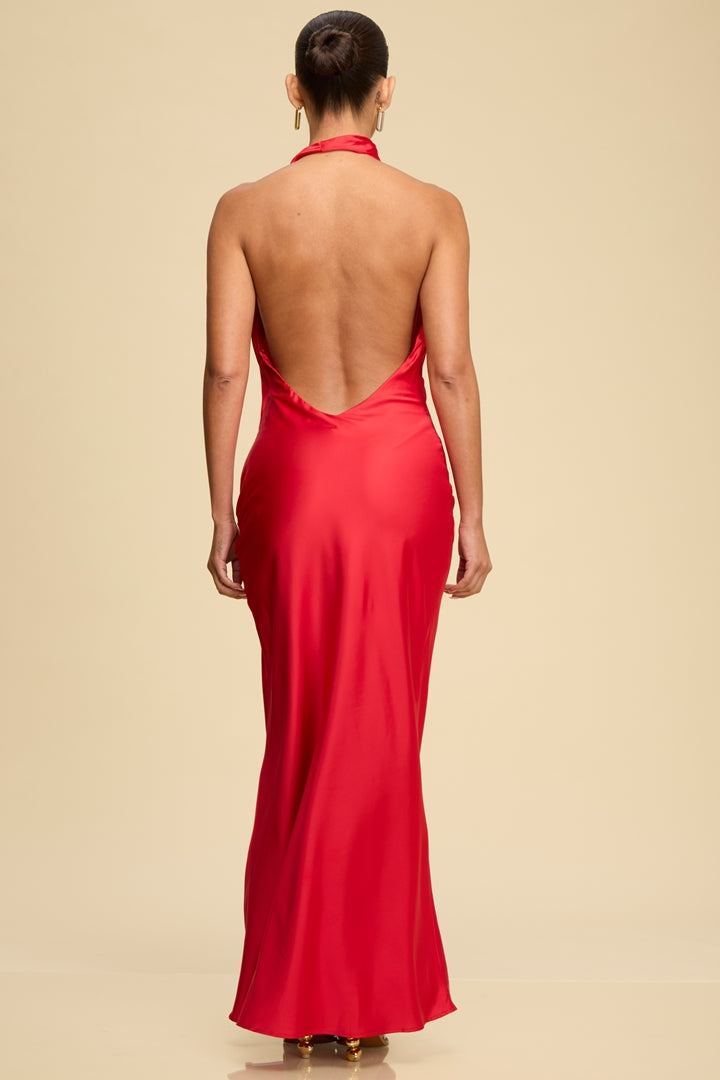Red Sleeveless Satin Maxi Dress