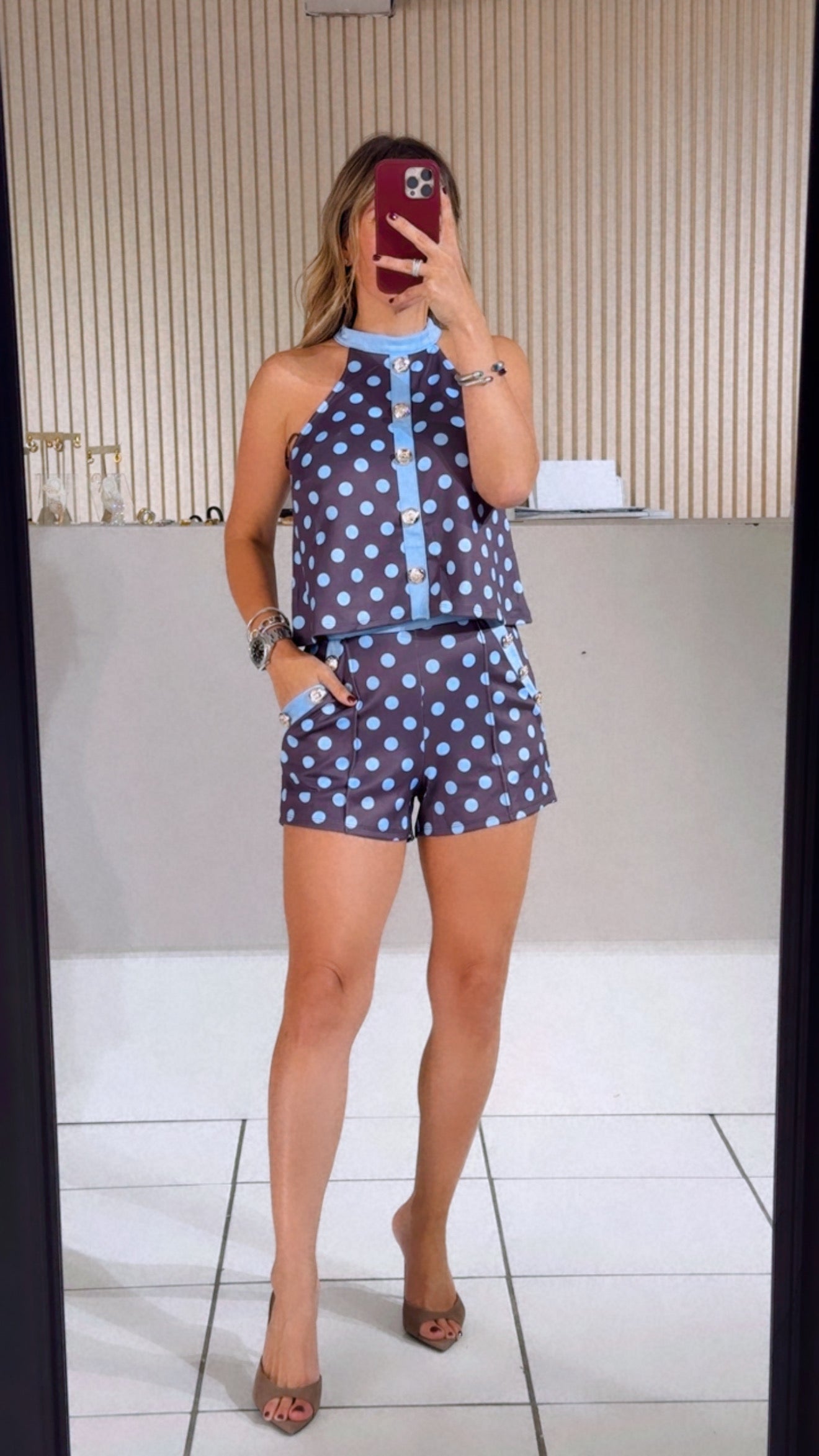 BLUE Polka Dots Button Decor Halter Neck Top And Shorts Set