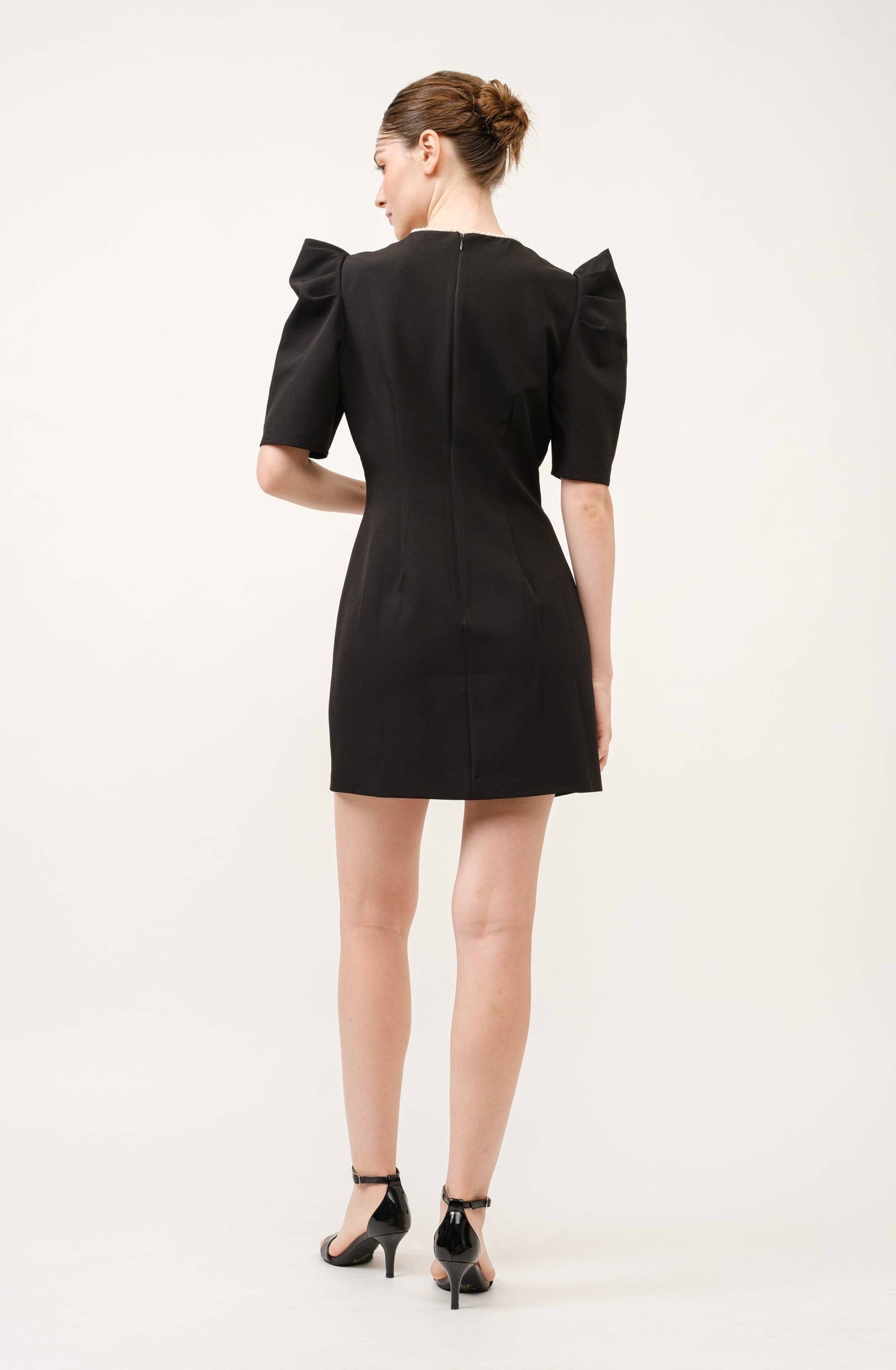 Black Puff-Sleeve Pearl Dress