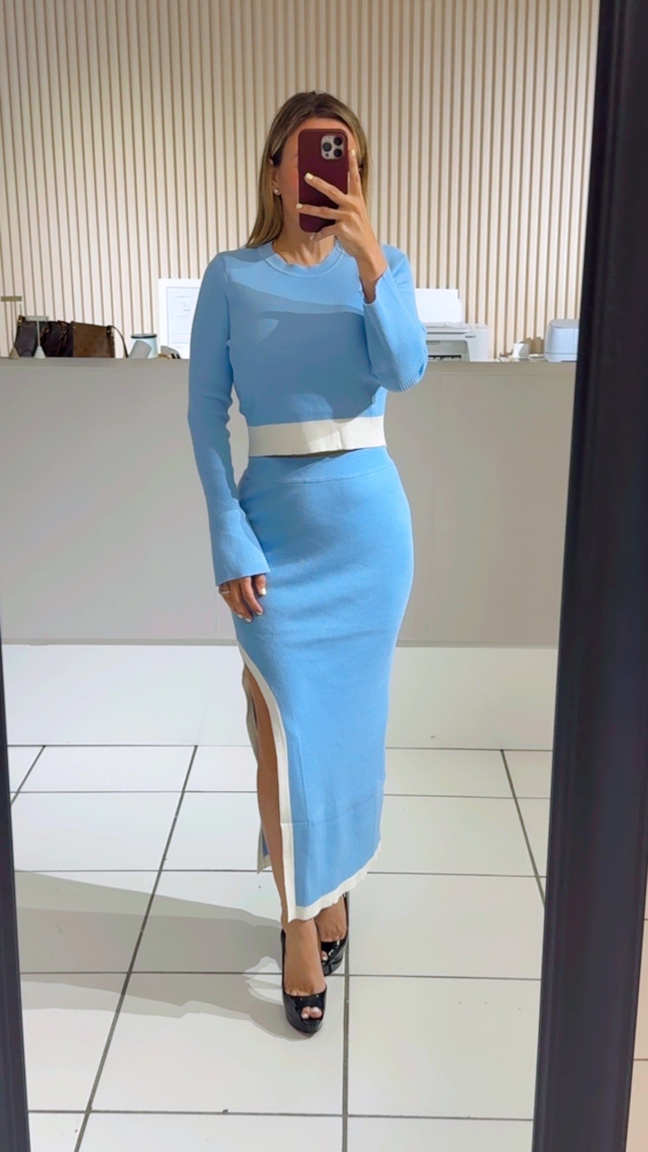 Blue Knit Cropped Bell Sleeve Top and Midi Skirt