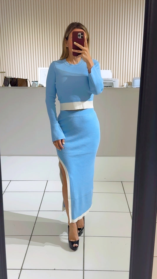 Blue Knit Cropped Bell Sleeve Top and Midi Skirt