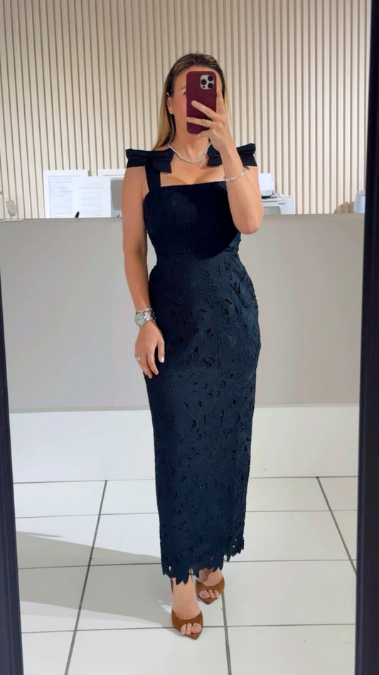BLACK Eyelet Lace Self Shoulder Tie Strap Midi Dress