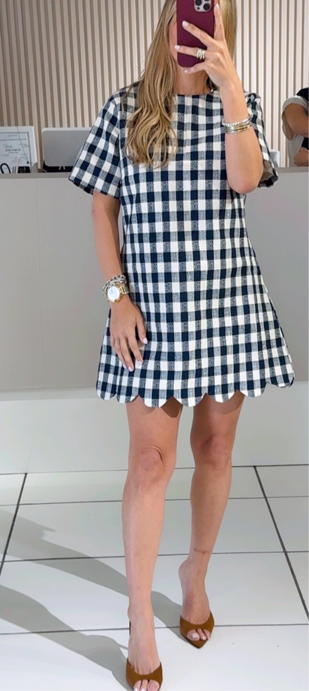 Scalloped Gingham Check Textile Dress