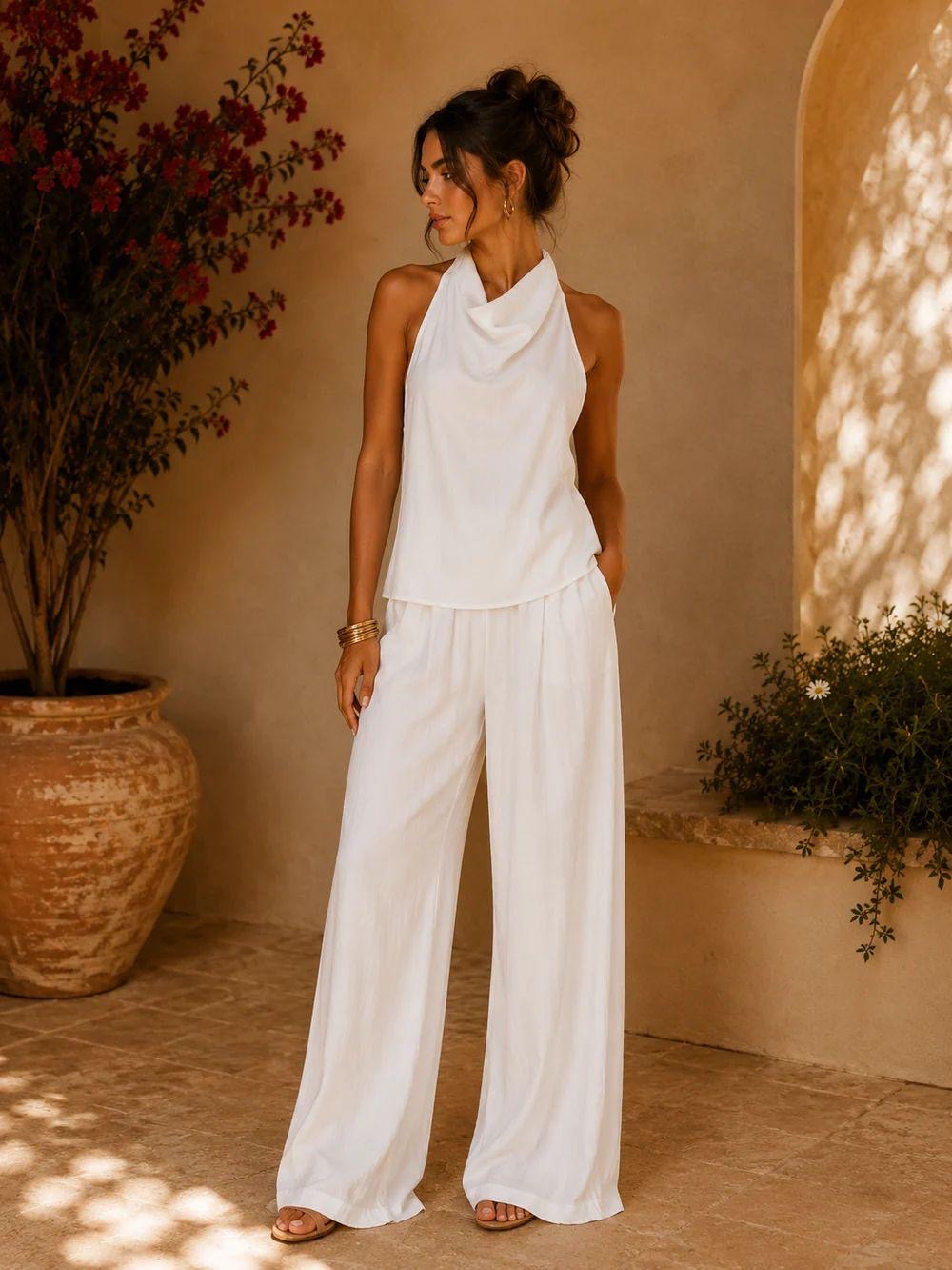 Ladies Woven Halter Neck Sleevel Top & Pants Set