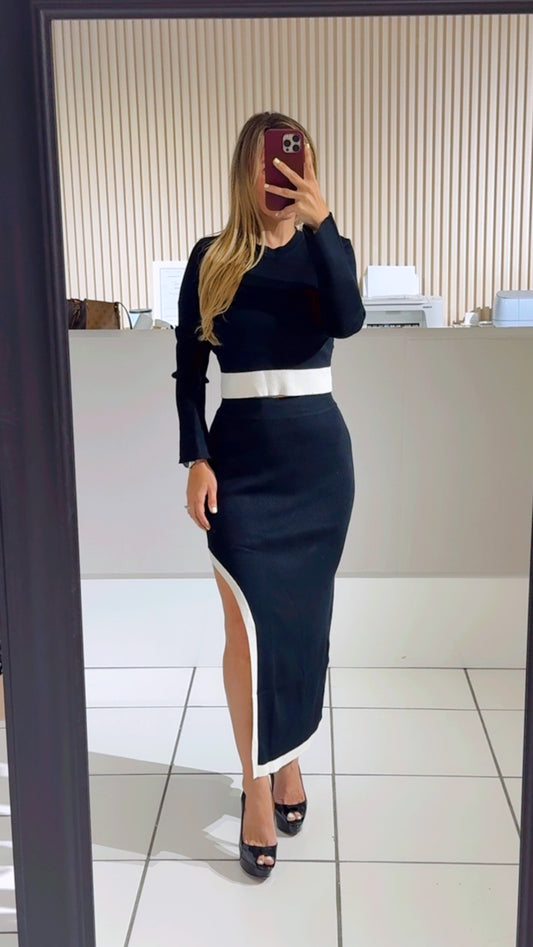 Black Knit Cropped Bell Sleeve Top and Midi Skirt