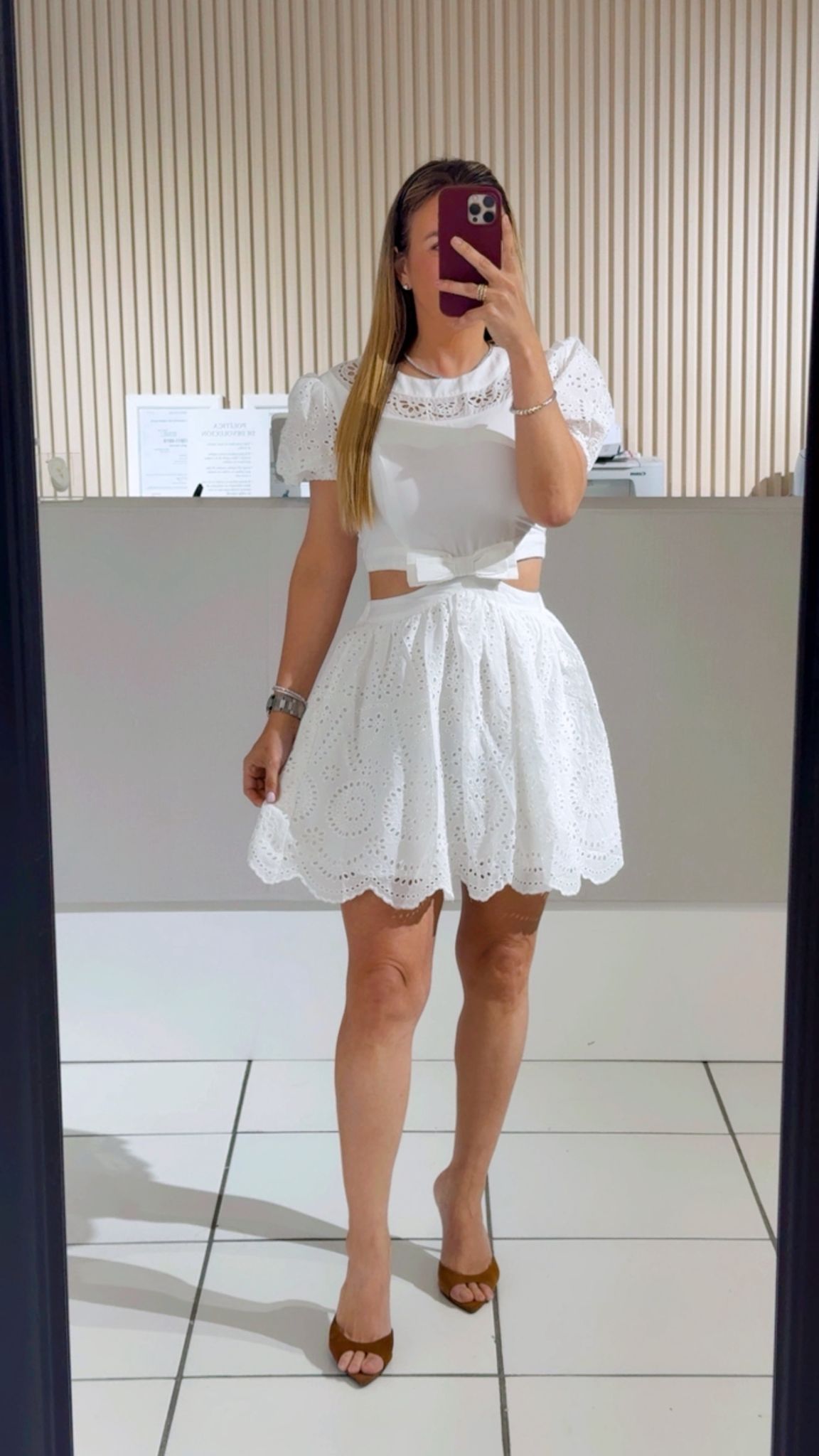 WHITE Eyelet Short Puff Sleeve Back Cutout Mini Dress