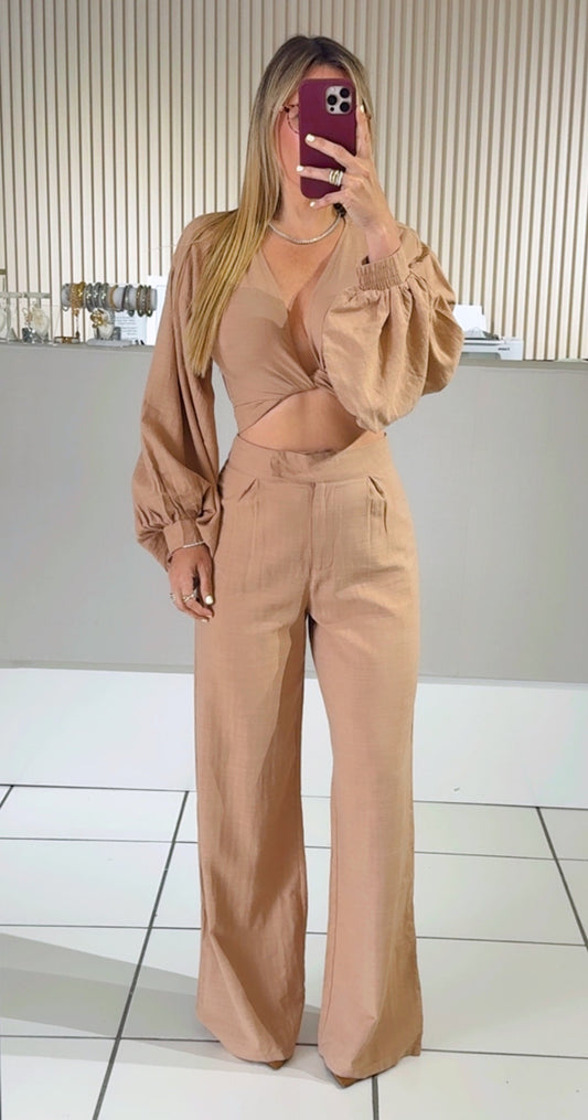 BEIGE Balloon Sleeve Top & Pleated Pant Set