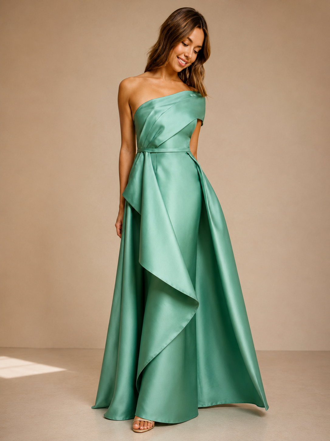 MINT One Shoulder Folded Layer Over Maxi Dress