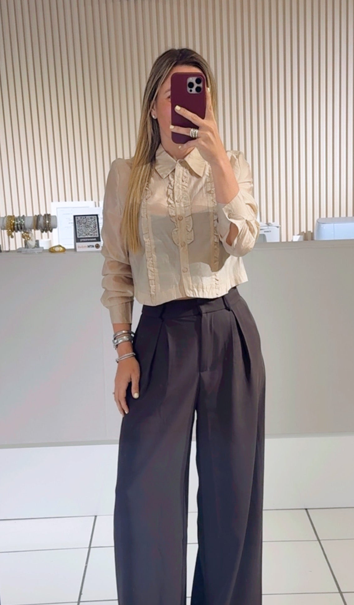 BEIGE Woven Sheer Tuxedo Shirt With Ruffles