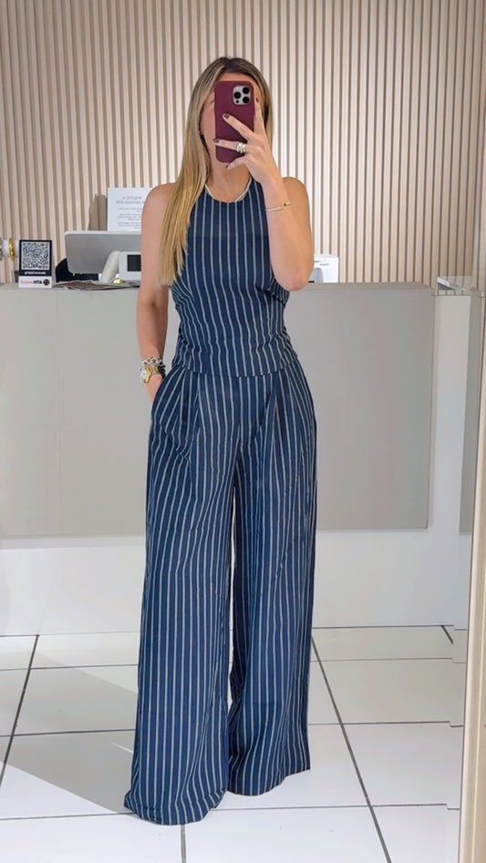 Judith Navy Pinstripe Halter Set